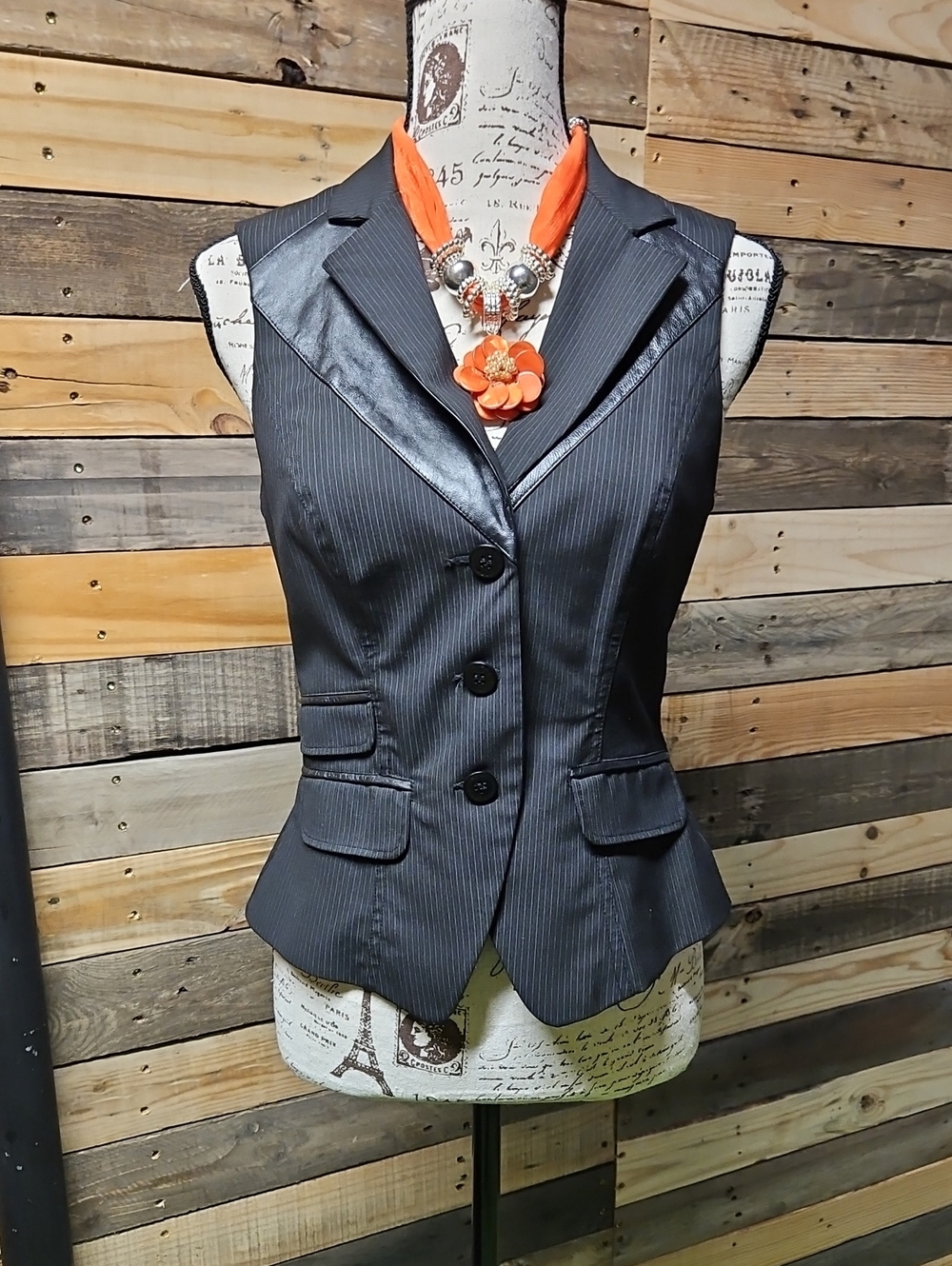 bebe Black Pinstriped Satin-Lapel Vest